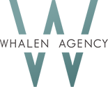A green background with the words " whalen agency " in black.